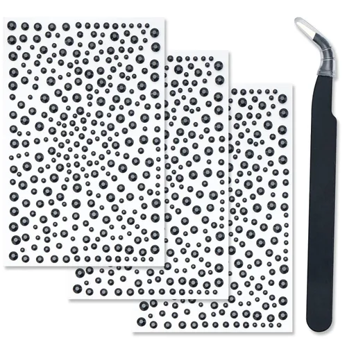 3 hojas de gemas de diamantes de imitación autoadhesivos para la cara, maquillaje, uñas, manualidades (negro)