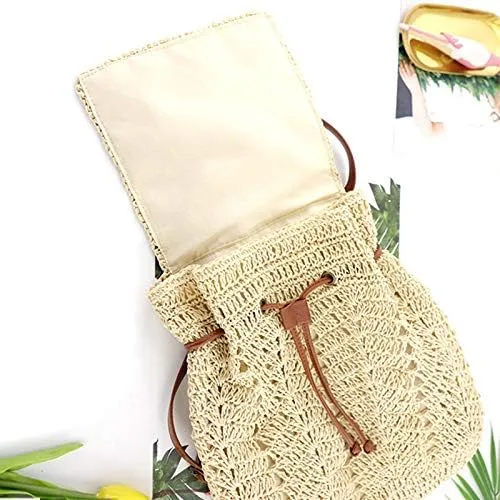 Miniatura 4 de Mochila tejida hecha a mano de paja mediana para mujer, con solapa, con cordón, bolsa de playa, Beige, Mochilas Daypack