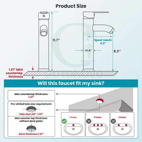 Miniatura 3 de gotonovo Grifo para Lavabo Vessel Grifo de Baño Moderno de 1 Orificio Montaje en Cubierta Lavatorio Tocador Grifo Mezclador de Una Sola Manija