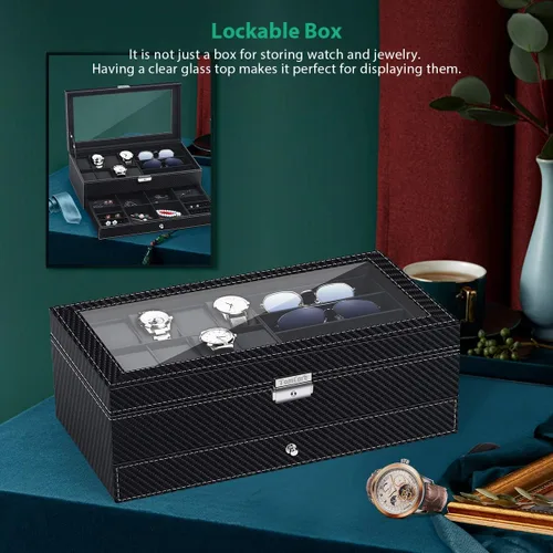 Miniatura 6 de TomCare Caja de reloj organizador de reloj con patrón de tejido joyero con cerradura con cajón soporte para gafas de sol aretes organizador de joyas