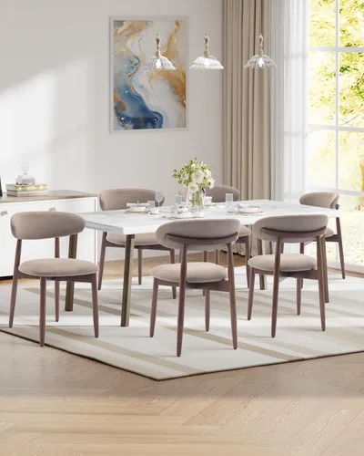 Miniatura 9 de Juego de 4 sillas de comedor, sillas tapizadas de estilo granja, sillas modernas de tela para cocina con patas de madera maciza, color camello