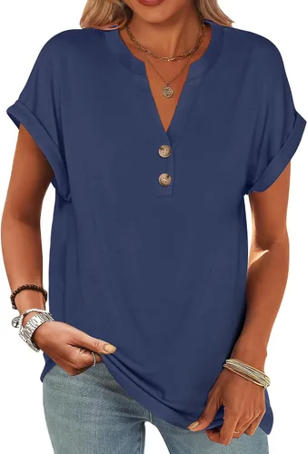 Miniatura 11 de ANRABESS - Camisetas Henley de manga corta para mujer, cuello en V, elegantes, estilo informal, de corte suelto; blusas fluidas de verano, ropa