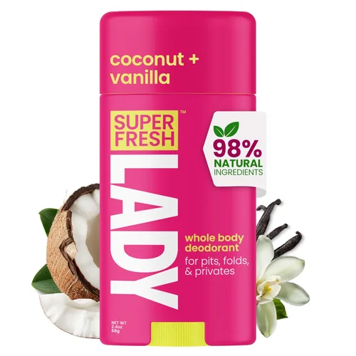 Super Fresh - Desodorante en barra sin aluminio para mujeres, no tóxico, coco y vainilla, control de olores para todo el cuerpo, seguro para la