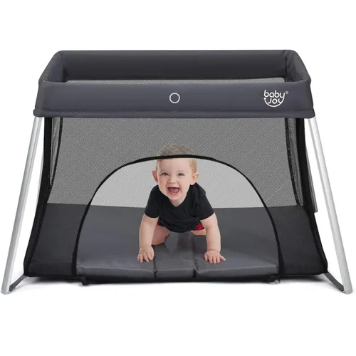 BABY JOY Cuna de viaje plegable para bebé, corralito portátil 2 en 1 con colchón suave lavable, diseño de cremallera lateral, corral ligero sin Gris
