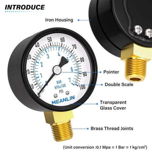 Miniatura 3 de MEANLIN MEASURE Manómetro de presión de bomba de pozo de 0-100 Psi, cara de dial de 2", NPT de 1/4", con buje hexagonal de 1/2" NPT y 3/8" NPT