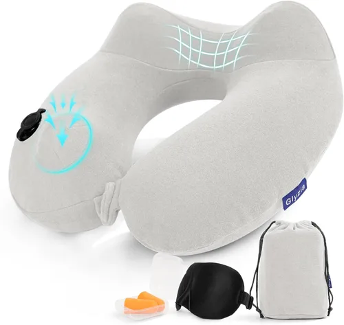 Miniatura 11 de Paquete de 2 almohadas inflables de viaje para el cuello para aviones, almohadas de cuello de terciopelo para adultos para vuelo largo, kit