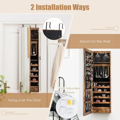 Miniatura 23 de Giantex Armario de joyería para puerta de pared con espejo de longitud completa, 2 LED con cerradura grande organizador de joyas con espejo ancho