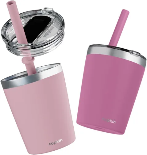 Miniatura 33 de CUPKIN - Taza apilable de acero inoxidable para niños, taza de batido, tazas aisladas con recubrimiento en polvo, tapa libre de BPA y pajilla de Rosa