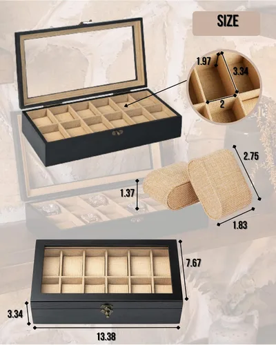 Miniatura 5 de Exper City Caja de reloj, caja de reloj para hombres y mujeres con tapa de vidrio grande, caja de almacenamiento de madera con 12 ranuras