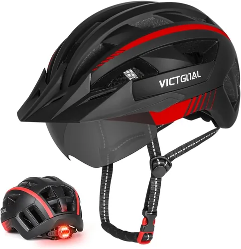 Miniatura 17 de VICTGOAL Casco de bicicleta para hombres y mujeres con luz LED, gafas magnéticas desmontables, visera solar extraíble, casco de bicicleta de montaña
