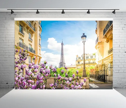 Miniatura 8 de BELECO Telón de fondo romántico de la Torre Eiffel de París, de 5 x 3 pies, diseño romántico de París, flores florecientes de primavera, cielo azul