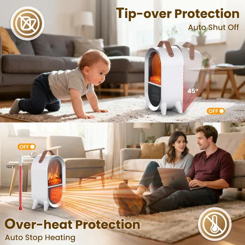 Miniatura 3 de Riseon - Calentador de chimenea eléctrico portátil, 1500W/750W, mini calentador de espacio para uso en interiores con llama 3D, termostato, asa