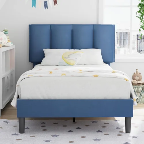 Miniatura 13 de VECELO - Base de cama tamaño individual con cabecera tapizada, plataforma con soporte de listones de madera de alta resistencia, no necesita somier
