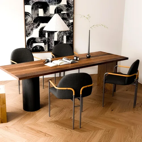 Miniatura 9 de Silla de comedor moderna de tela negra de lino con respaldo curvo, patas de metal y reposabrazos de cuero, sillón moderno de mediados de siglo