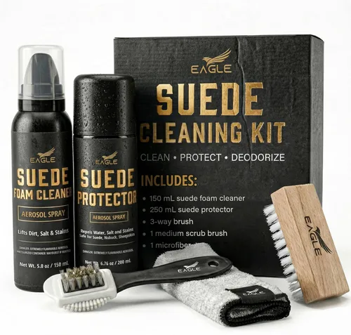 Eagle Kit de limpieza de gamuza y nobuck – Juego de 5 piezas con limpiador de gamuza de espuma y spray protector, cepillo de 3 vías, cepillo de