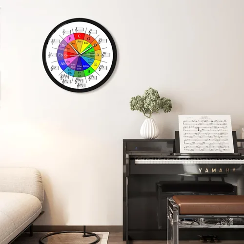 Miniatura 7 de Circle of Fifths Music Theory Cheat Sheet Reloj de pared colorido con marco de metal, rueda silenciosa de ecuaciones de armonía funciona