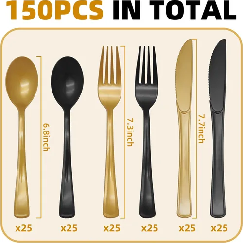 Miniatura 2 de Juego de 150 cubiertos de plástico negro y dorado, resistente, cubiertos de plástico negro y dorado, incluye cucharas, tenedores, cuchillos