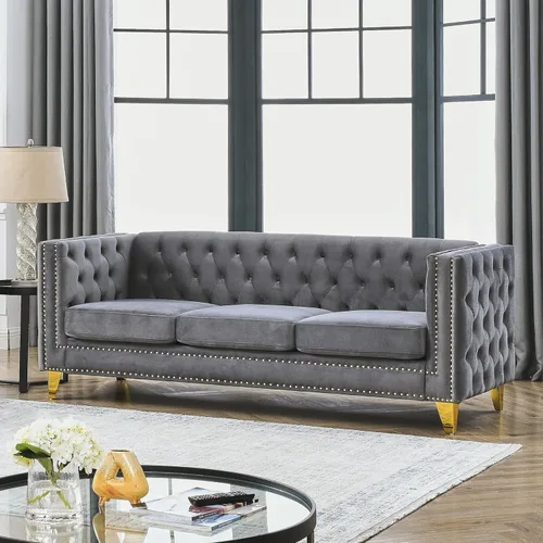 Miniatura 10 de Sofá moderno Chesterfield de terciopelo de 58 pulgadas, respaldos tapizados con brazos de cabeza de clavo, sofá biplaza para sala de estar