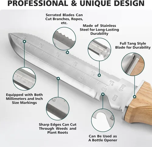 Miniatura 3 de Berry&Bird Hori Hori - Cuchillo de jardín multiusos con hoja afilada de doble filo de acero inoxidable de 7 pulgadas, cuchillo de tierra con funda