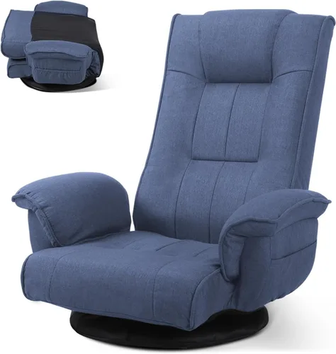 Linen Fabric Ergonomic Gaming Chair, 6-Position Reclining Sofa Bed with Lumbar Support, Foldable Floor Lounger with Thick Cushion, Armrests & Side