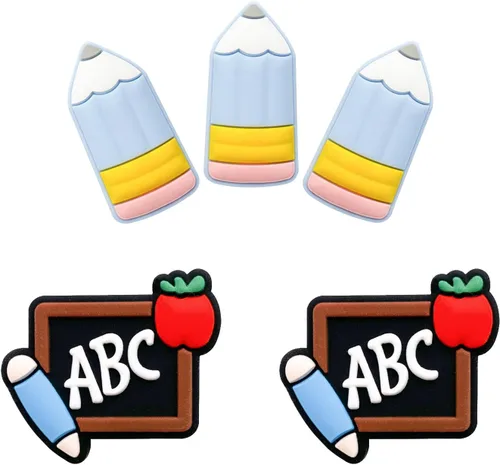 Focal - 5 cuentas de silicona para profesores con formas de pizarra, personajes de dibujos animados coloridos, espaciadores de lápices para hacer