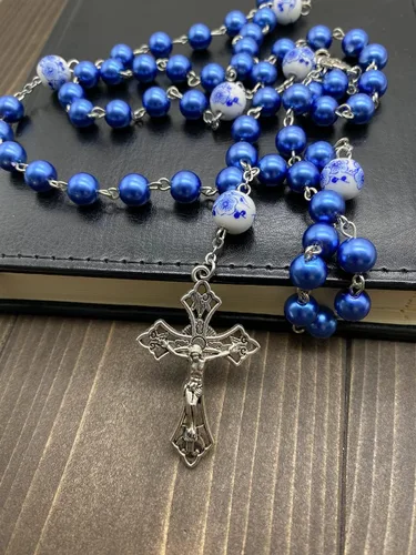 Miniatura 6 de Nazareth Store Pearl Beads Rosary White Flowers Beaded Necklace Lourdes Medal & Cross Crucifix
