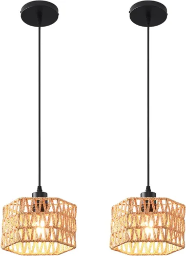 Miniatura 11 de Lámpara Colgante Tejida Candelabro Bohemio, Luces Colgantes de Ratán Isla de Cocina, Iluminación Colgante de Granja con Pantalla de Mimbre Tejida a