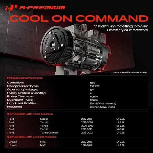 Miniatura 2 de A-Premium Compresor de A/C con embrague compatible con Ford Escape 2017-2019, Transit 2019-2020, Transit Connect 2019-2022 y Lincoln MKC 2017-2019