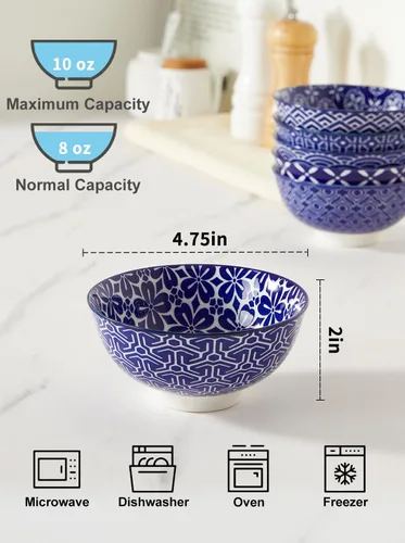 Miniatura 2 de Metahom Tazones Azules y Blancos, Tazones de Cerámica para Postre de 10 Oz, Juego de Tazones de Porcelana para Helado, Tazones Decorativos para Azul