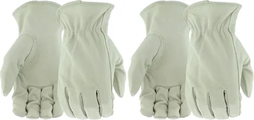 BOSS Men's Grain Pigskin Leather Driver Work Gloves, Tear Resistant, Keystone Thumb, Shirred Elastic Wrist, White