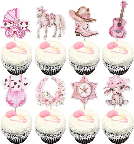 Miniatura 17 de Rsstarxi Paquete de 30 adornos de vaquero para cupcakes con purpurina para zapatos de caballo de vaquero, botas, pistola, temática occidental