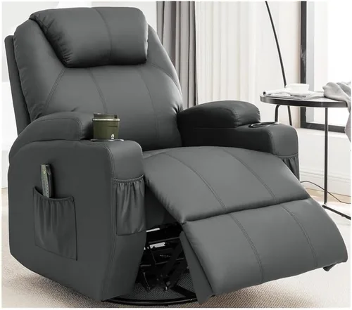 Lazy Boy - Silla reclinable giratoria de 360° para adultos, mecedora con masaje y calor, mecedora manual con control remoto y soporte para tazas