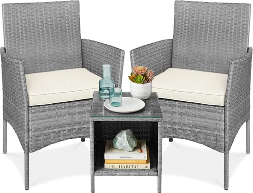 Miniatura 28 de Best Choice Products Juego de 3 piezas de mimbre para conversación al aire libre, muebles de patio que ahorran espacio para jardín con mesa