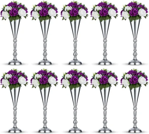 Miniatura 15 de 2 piezas de jarrón de metal para mesa de boda con flores en forma de trompeta, centro de mesa decorativo de 9.8 pulgadas, arreglos de flores