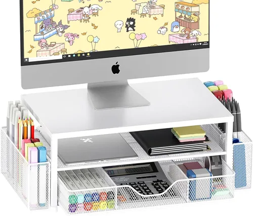 Miniatura 10 de OPNICE Soporte elevador de monitor doble con cajón y 2 soportes para bolígrafos, organizador de escritorio para suministros de oficina, soporte