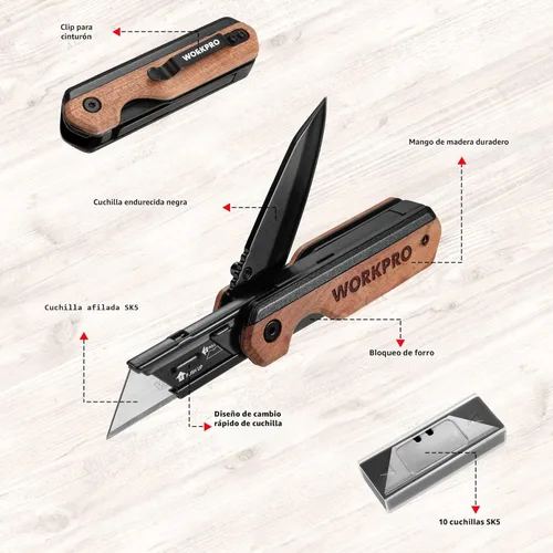 Miniatura 3 de WORKPRO Cuchillo plegable 2 en 1/cuchillo utilitario, regalos para papá, cortador de caja de cambio rápido con clip para cinturón y bloqueo de Madera