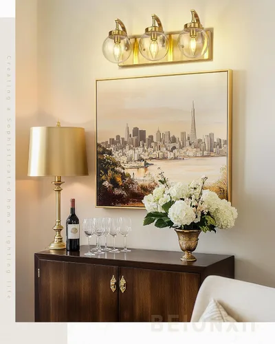 Miniatura 6 de Beionxii BX-VL03BG-3CG - Lámpara de tocador de baño de 3 luces de oro cepillado, modernas luces de tocador con pantalla de vidrio transparente