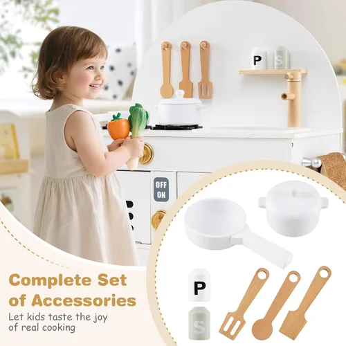Miniatura 5 de Costzon Juego de cocina para niños, cocina con estufas, grifo, fregadero, microondas, gabinete, horno y accesorios de cocina, cocina de madera