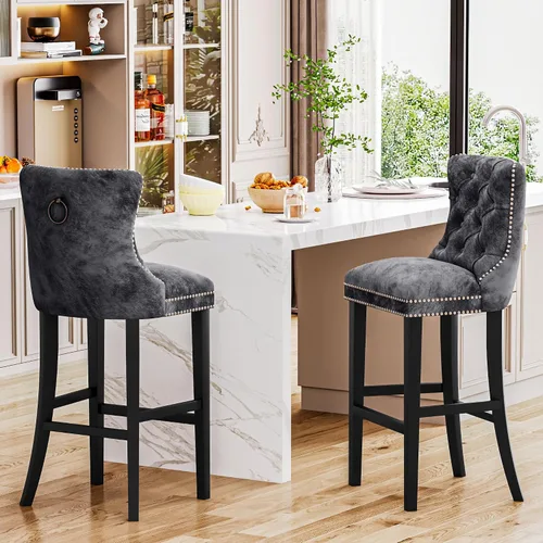 Miniatura 4 de Recaceik Juego de 2 taburetes de bar de altura de mostrador, modernos taburetes de bar de terciopelo con respaldo, taburetes de bar tapizados de 27