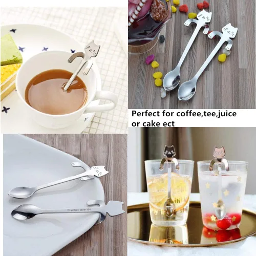 Miniatura 2 de Juego de 4 mini cucharas para gatos, de acero inoxidable 304, de acero inoxidable 304, cuchara colgante, vajilla, cubiertos, utensilios de cocina