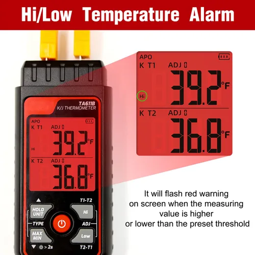 Miniatura 4 de Termómetro de termopar digital de doble canal tipo K/J -328 ~ 2501℉ Medidor de temperatura HVAC con 4 sondas de termopar tipo k, alarma