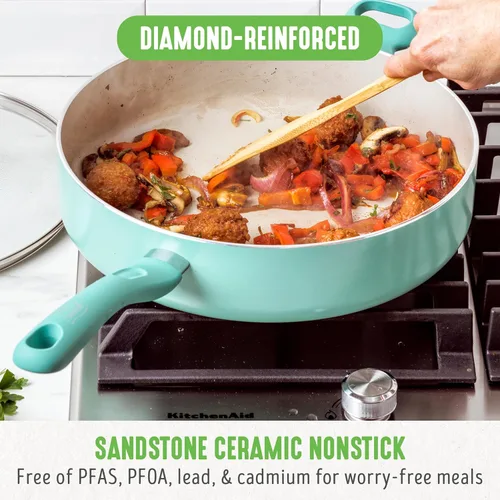 Miniatura 2 de GreenLife Soft Grip Diamond Sartén para Saltear Jumbo de Cerámica Antiadherente Saludable de 5QT con Mango Auxiliar y Tapa, Libre de PFAS, Apto