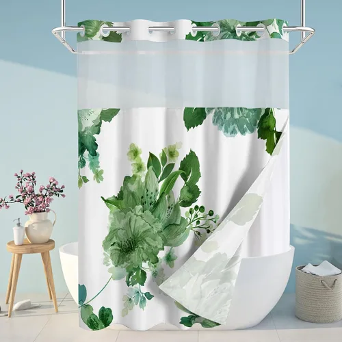 Miniatura 10 de Juego de cortina de ducha y forro sin gancho, cortinas de ducha florales negras para baño, juegos de cortinas de baño de hotel moderno con forro a