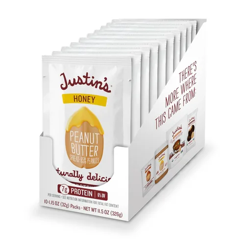 Justin's - Mantequilla de maní con miel en paquetes para apretar, sin gluten, sin transgénicos, fuente responsable, paquete de 10 (1.15 onzas cada