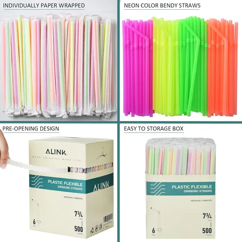 Miniatura 3 de ALINK 500 popotes flexibles de plástico neón, envueltos individualmente, pajitas flexibles para fiestas, 7.75 x 0.23 pulgadas