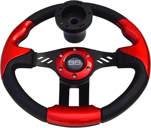 Miniatura 6 de Huskey E-Z-GO - Volante rojo con radios cepillados, agarre de textura de fibra de carbono, adaptador de cubo negro mate para medallista TXT RXV