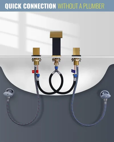 Miniatura 6 de Grifo de baño en cascada negro y dorado: grifo de baño ARCORA de 3 agujeros, grifo de baño extendido de 8 pulgadas con drenaje desplegable y manguera