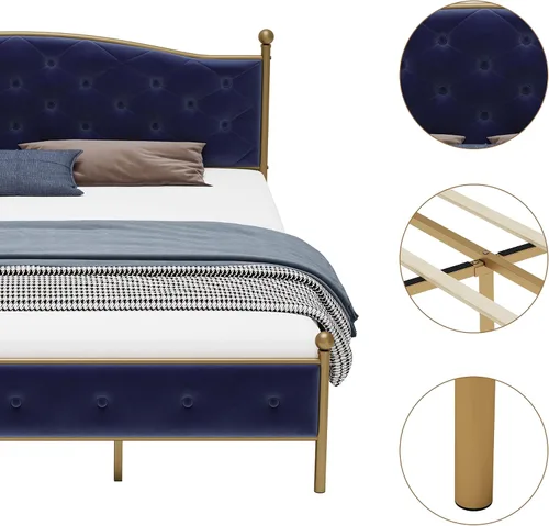 Miniatura 6 de Base de cama tapizada de tamaño matrimonial con botones y tela de terciopelo, base de colchón resistente con marco de metal y listones de madera