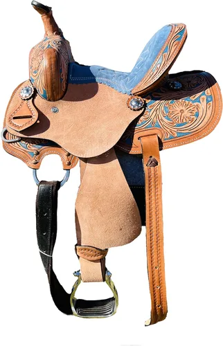 Miniatura 8 de RESISTANCE Western Kids - Sillín de caballo para montar a caballo, silla de montar a caballo para niños jóvenes, de cuero auténtico, diseño floral