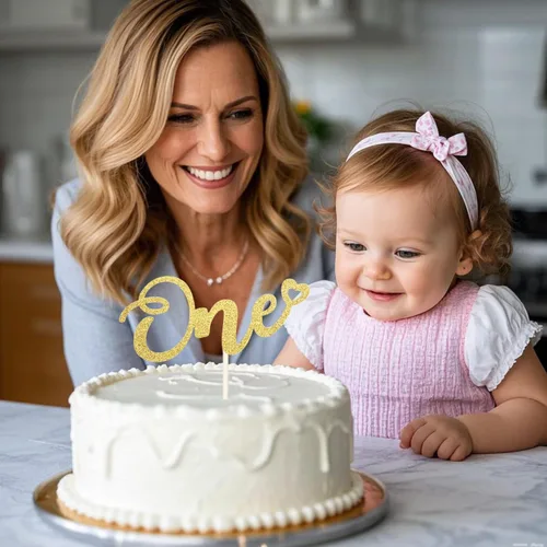 Miniatura 4 de ALISSAR Decoración dorada de doble cara con purpurina para el primer cumpleaños, decoración de pastel para primer cumpleaños de niño y niña, primer